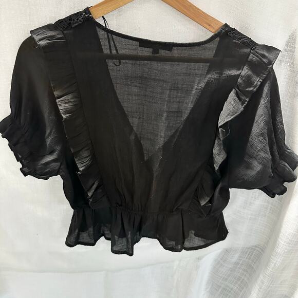 Black Puff Sleeve Embroidered Cropped Top With Ruffles by Love Tree - Picture 4 of 5